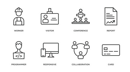 strategy outline icons set. thin line icons such as worker, visitor, conference, report, programmer, responsive, collaboration, card vector.