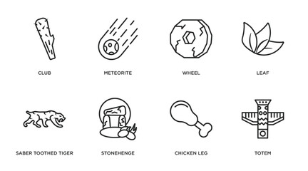 stone age outline icons set. thin line icons such as club, meteorite, wheel, leaf, saber toothed tiger, stonehenge, chicken leg, totem vector.