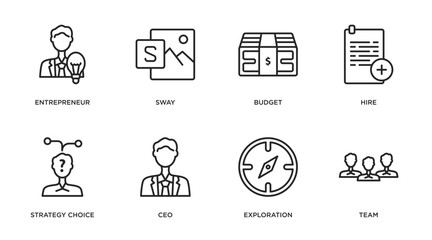 startup stategy and outline icons set. thin line icons such as entrepreneur, sway, budget, hire, strategy choice, ceo, exploration, team vector.