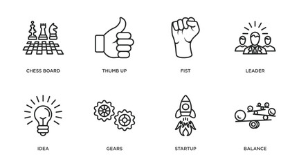 success outline icons set. thin line icons such as chess board, thumb up, fist, leader, idea, gears, startup, balance vector.