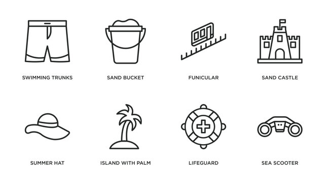 summer outline icons set. thin line icons such as swimming trunks, sand bucket, funicular, sand castle, summer hat, island with palm trees, lifeguard, sea scooter vector.
