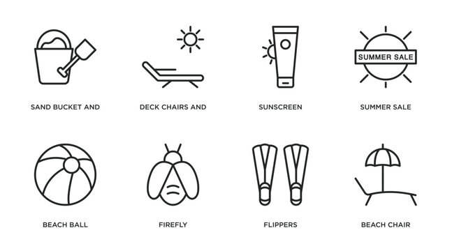 summer outline icons set. thin line icons such as sand bucket and shovel, deck chairs and sun, sunscreen, summer sale, beach ball, firefly, flippers, beach chair vector.