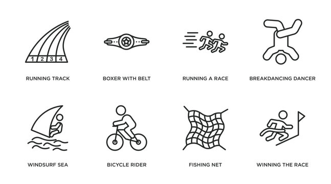 sports outline icons set. thin line icons such as running track, boxer with belt, running a race, breakdancing dancer, windsurf sea, bicycle rider, fishing net, winning the race vector.