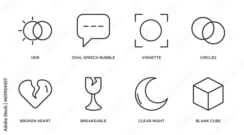 Poster shapes outline icons set. thin line icons such as hdr, oval speech bubble, vignette, circles, broken