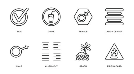signs outline icons set. thin line icons such as tick, drink, female, align center, male, alignment, beach, fire hazard vector.