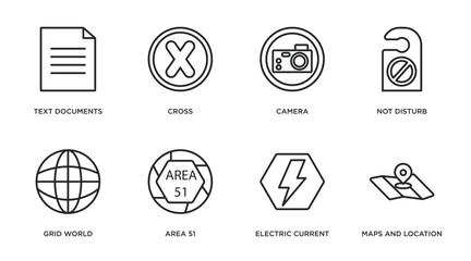 signs outline icons set. thin line icons such as text documents, cross, camera, not disturb, grid world, area 51, electric current, maps and location vector.