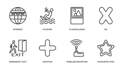 signs outline icons set. thin line icons such as internet, kitesurf, placeholders, no, emergency exit, addition, wireless receptor, favourite star vector.