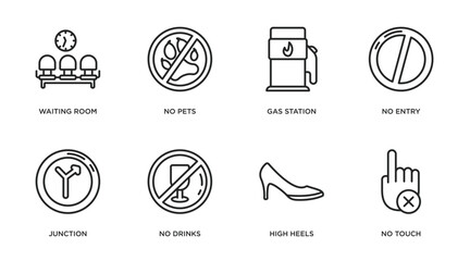 signs outline icons set. thin line icons such as waiting room, no pets, gas station, no entry, junction, no drinks, high heels, touch vector.