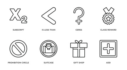 signs outline icons set. thin line icons such as subscript, is less than, ceres, class reward, prohibition circle, suitcase, gift shop, add vector.