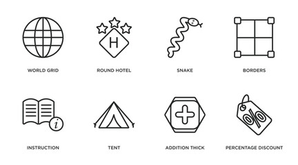 signs outline icons set. thin line icons such as world grid, round hotel, snake, borders, instruction, tent, addition thick, percentage discount vector.