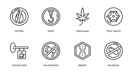 signs outline icons set. thin line icons such as no fire, hoist, marijuana, toxic waste, coffee shop, no shouting, bridge, no drugs vector.