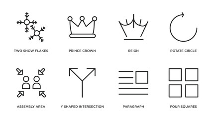 shapes outline icons set. thin line icons such as two snow flakes, prince crown, reign, rotate circle, assembly area, y shaped intersection, paragraph, four squares vector.