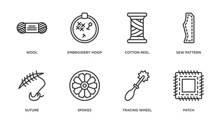 sew collection. thin outline icons set. thin line icons such as wool, embroidery hoop, cotton reel, sew pattern, suture, spokes, tracing wheel, patch vector.