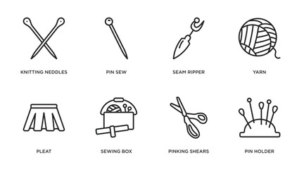 sew outline icons set. thin line icons such as knitting neddles, pin sew, seam ripper, yarn, pleat, sewing box, pinking shears, pin holder vector.