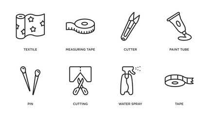 sew outline icons set. thin line icons such as textile, measuring tape, cutter, paint tube, pin, cutting, water spray, tape vector.