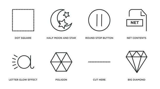 shapes outline icons set. thin line icons such as dot square, half moon and star, round stop button, net contents, letter glow effect, poligon, cut here, big diamond vector.