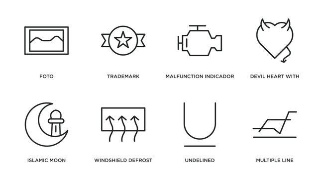 shapes outline icons set. thin line icons such as foto, trademark, malfunction indicador, devil heart with wings, islamic moon, windshield defrost, undelined, multiple line vector.