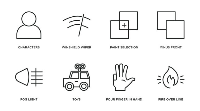 shapes outline icons set. thin line icons such as characters, winshield wiper, paint selection, minus front, fog light, toys, four finger in hand, fire over line vector.