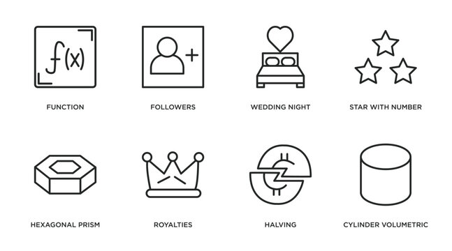 shapes outline icons set. thin line icons such as function, followers, wedding night, star with number three, hexagonal prism, royalties, halving, cylinder volumetric vector.