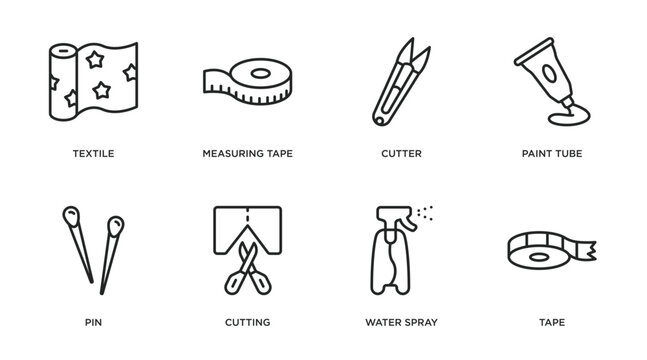 sew outline icons set. thin line icons such as textile, measuring tape, cutter, paint tube, pin, cutting, water spray, tape vector.