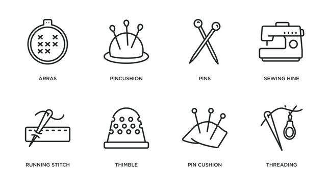 sew outline icons set. thin line icons such as arras, pincushion, pins, sewing hine, running stitch, thimble, pin cushion, threading vector.