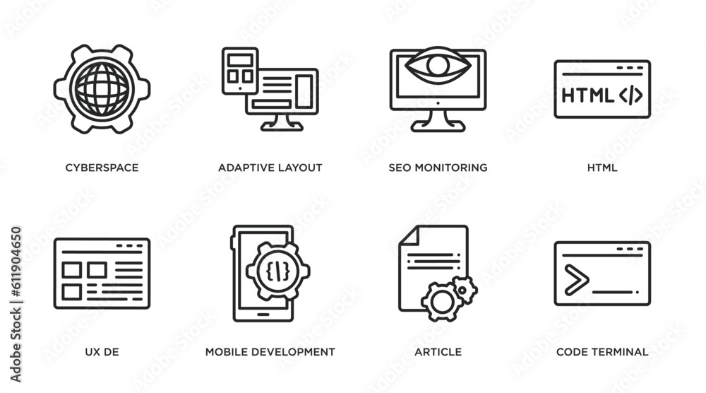 Poster programming outline icons set. thin line icons such as cyberspace, adaptive layout, seo monitoring, 