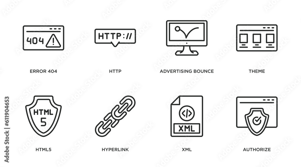 Poster programming outline icons set. thin line icons such as error 404, http, advertising bounce, theme, h
