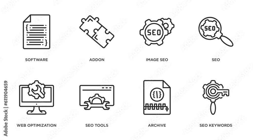 Poster programming outline icons set. thin line icons such as software, addon, image seo, seo, web optimiza