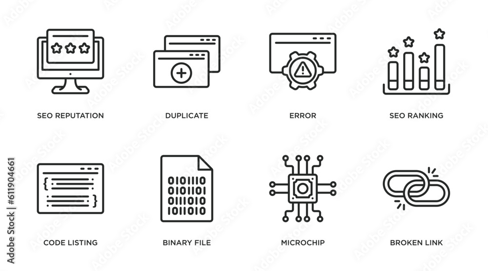Poster programming outline icons set. thin line icons such as seo reputation, duplicate, error, seo ranking