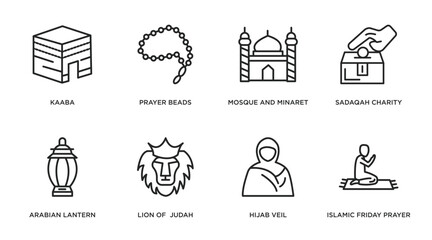 Naklejka premium religion outline icons set. thin line icons such as kaaba, prayer beads, mosque and minaret, sadaqah charity, arabian lantern, lion of judah, hijab veil, islamic friday prayer vector.