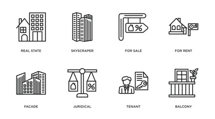 real estate outline icons set. thin line icons such as real state, skyscraper, for sale, for rent, facade, juridical, tenant, balcony vector.