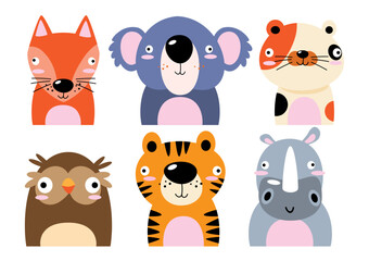 Set of wildlife animals . Dumb face . Vector illustration .
