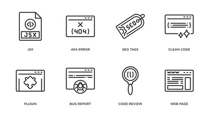 programming outline icons set. thin line icons such as jsx, 404 error, seo tags, clean code, plugin, bug report, code review, web page vector.