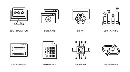 programming outline icons set. thin line icons such as seo reputation, duplicate, error, seo ranking, code listing, binary file, microchip, broken link vector.