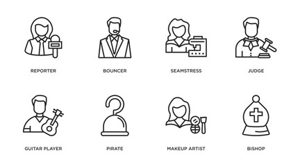 professions & jobs outline icons set. thin line icons such as reporter, bouncer, seamstress, judge, guitar player, pirate, makeup artist, bishop vector.