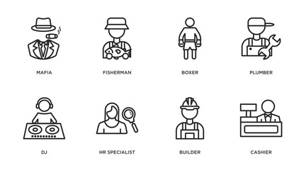 professions outline icons set. thin line icons such as mafia, fisherman, boxer, plumber, dj, hr specialist, builder, cashier vector.