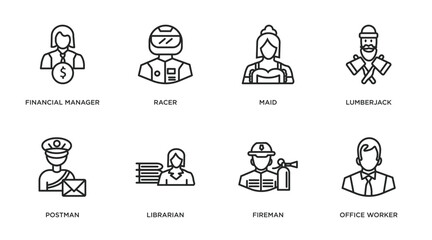 professions outline icons set. thin line icons such as financial manager, racer, maid, lumberjack, postman, librarian, fireman, office worker vector.