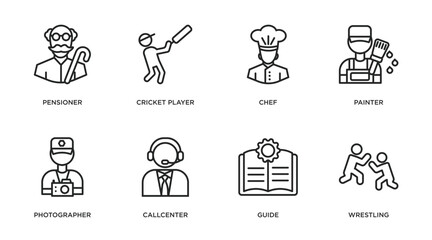 professions outline icons set. thin line icons such as pensioner, cricket player, chef, painter, photographer, callcenter, guide, wrestling vector.