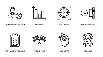 productivity outline icons set. thin line icons such as man and dollar coin, bar graph, gun target, time hierarchy, task page with marks, racing flag, mind gears, premium vector.