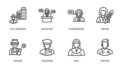 professions outline icons set. thin line icons such as civil engineer, secretary, telemarketer, writer, welder, concierge, nun, doctor vector.