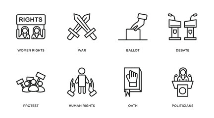 political outline icons set. thin line icons such as women rights, war, ballot, debate, protest, human rights, oath, politicians vector.