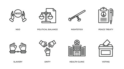political outline icons set. thin line icons such as ngo, political balance, nightstick, peace treaty, slavery, unity, health clinic, voting vector.