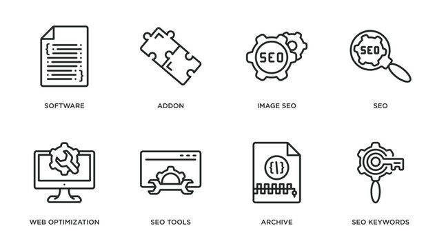 programming outline icons set. thin line icons such as software, addon, image seo, seo, web optimization, seo tools, archive, keywords vector.