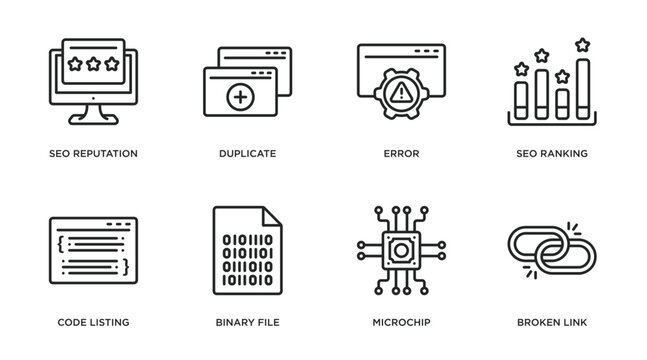 programming outline icons set. thin line icons such as seo reputation, duplicate, error, seo ranking, code listing, binary file, microchip, broken link vector.