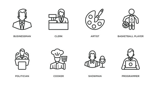 professions outline icons set. thin line icons such as businessman, clerk, artist, basketball player, politician, cooker, showman, programmer vector.