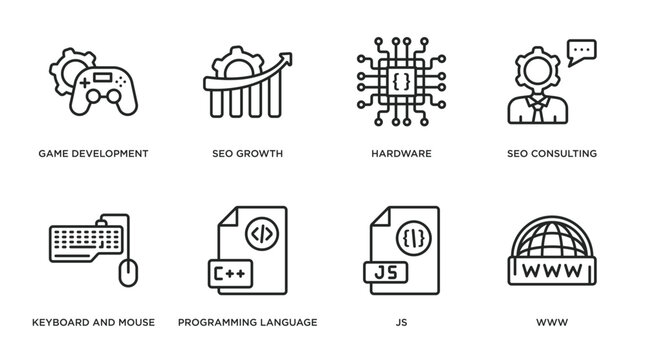 programming outline icons set. thin line icons such as game development, seo growth, hardware, seo consulting, keyboard and mouse, programming language, js, www vector.
