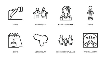people outline icons set. thin line icons such as ruku, old couple, mexican woman, hairy, birth, venezuelan, lesbian couple and son, vitruvian man vector.