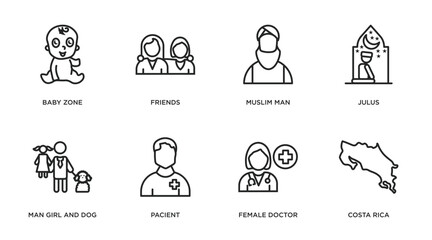 people outline icons set. thin line icons such as baby zone, friends, muslim man, julus, man girl and dog, pacient, female doctor, costa rica vector.