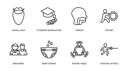 people outline icons set. thin line icons such as facial hair, students graduation hat, throat, effort, brothers, baby diaper, round table, fencing attack vector.