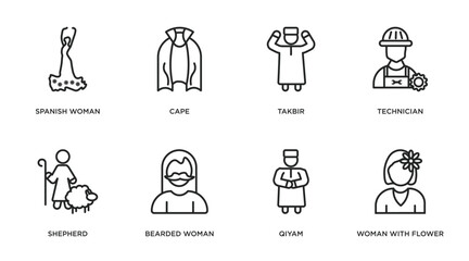 people outline icons set. thin line icons such as spanish woman, cape, takbir, technician, shepherd, bearded woman, qiyam, woman with flower vector.